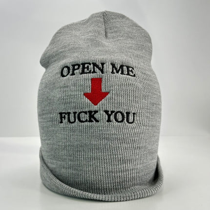 Funny Gray Open Me Beanie Custom Embroidery