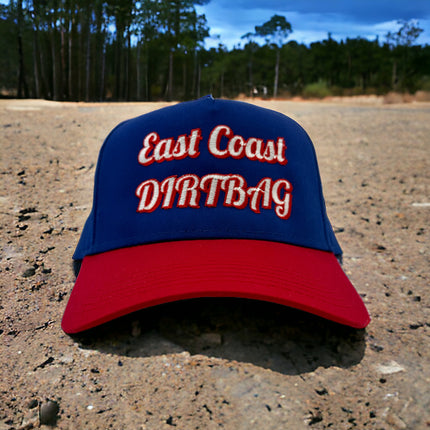 East Coast dirtbag on a blue and red snapback hat cap Collab cut the activist custom embroidery ￼