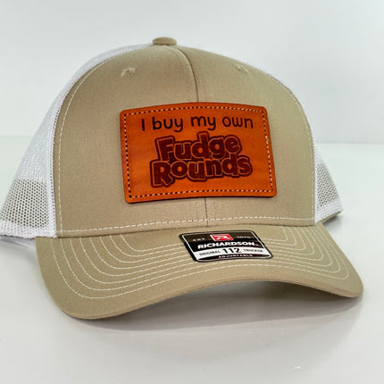 I buy my own fudge rounds Hat on a Richardson Mesh SnapBack Hat Genuine Leather Patch