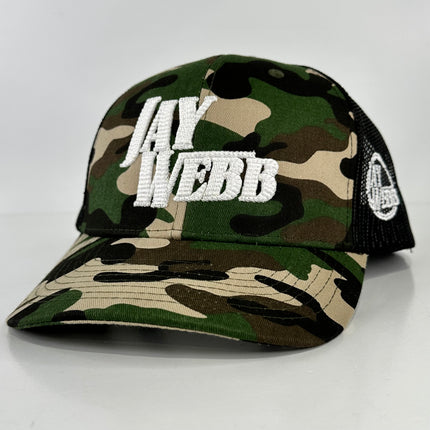 JAY WEBB CAMO PUFFY LETTERS MID CROWN CAMO MESH TRUCKER SNAPBACK CAP HAT OFFICE MERCH COLLAB CUSTOM EMBROIDERED