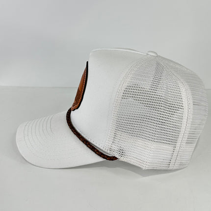 JAY WEBB LEATHER ROPE & LEATHER PATCH WHITE TALL CROWN MESH TRUCKER SNAPBACK CAP HAT Official OFFICE MERCH COLLAB