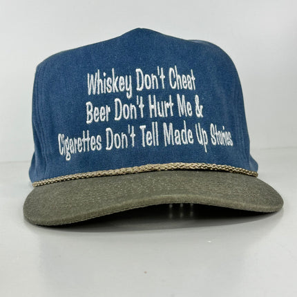 Whiskey Don't Cheat Beer Don’t Hurt Me & Cigarettes Don't Tell Made Up Stories Sky Blue Crown Rope SnapBack Cap Hat Custom Embroidered JAY WEBB Singer COLLAB HAT