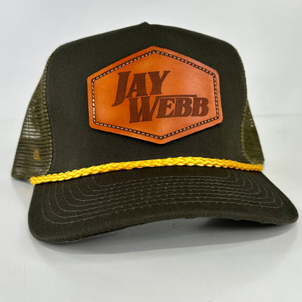JAY WEBB LEATHER PATCH ROPE ARMY GREEN TALL CROWN MESH TRUCKER SNAPBACK CAP HAT Official OFFICE MERCH COLLAB