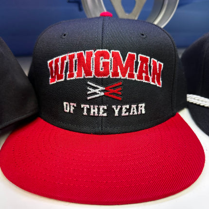 Wingman of the year on a black crown red brim SnapBack Hat Cap Collab Wingman of the year Wotyofficial Custom Embroidery