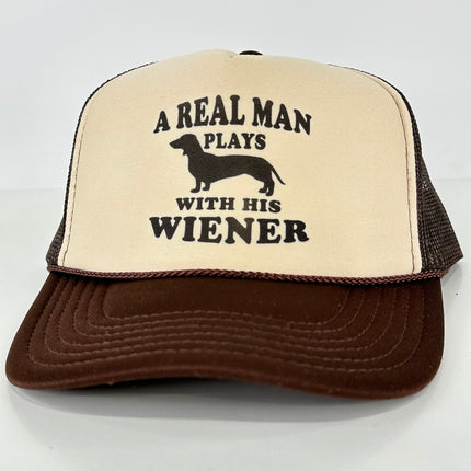 A real man plays with his wiener on a brown mesh trucker SnapBack Hat Cap Custom Printed