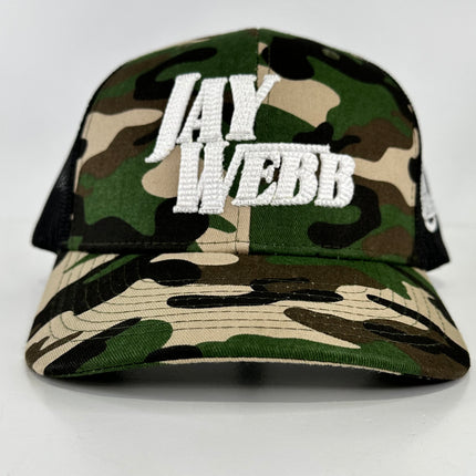 JAY WEBB CAMO PUFFY LETTERS MID CROWN CAMO MESH TRUCKER SNAPBACK CAP HAT OFFICE MERCH COLLAB CUSTOM EMBROIDERED