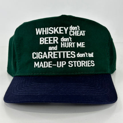 Whiskey Don't Cheat Beer Don’t Hurt Me & Cigarettes Don't Tell Made Up Stories Green Tall Crown Strapback Cap Hat Custom Embroidered JAY WEBB Singer COLLAB HAT