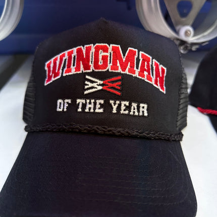 Wingman of the year on a black SnapBack Hat Cap with black rope Collab Wingman of the year Wotyofficial Custom Embroidered