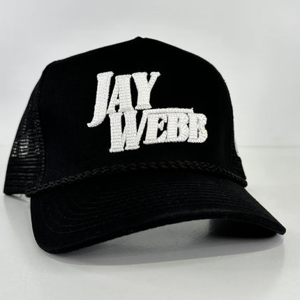 JAY WEBB PUFFY LETTERS TALL CROWN BLACK ROPE MESH TRUCKER SNAPBACK CAP HAT OFFICE MERCH COLLAB CUSTOM EMBROIDERED