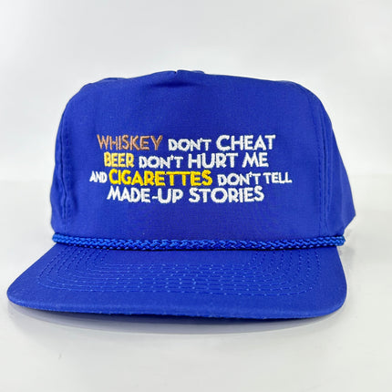 Whiskey Don't Cheat Beer Don’t Hurt Me & Cigarettes Don't Tell Made Up Stories on a Vintage Blue Mid Crown Strapback Cap Hat Custom Embroidered JAY WEBB Singer COLLAB HAT