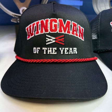 Wingman of the year on a black SnapBack Hat Cap with Red Rope Collab Wingman of the year Wotyofficial Custom Embroidery