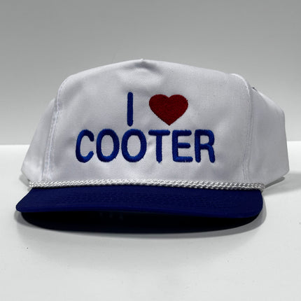 I love Cooter on Vintage Blue Brim with Rope Snapback Hat Cap Custom Embroidery Collab Rowdy Roger