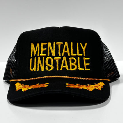 Mentally Unstable on Vintage Gold Leaf Mesh Snapback Hat Cap with Rope Custom Embroidery