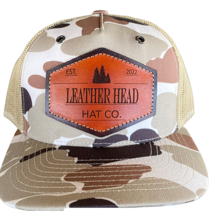 The Leather Head Hat Co. Leather patch Camo mesh 5 panel snapback hat cap