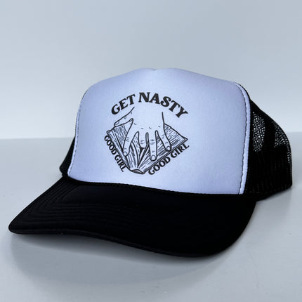 GET NASTY GOOD GIRL Inappropriate FUNNY Black Mesh Trucker Hat SnapBack Cap Custom Printed