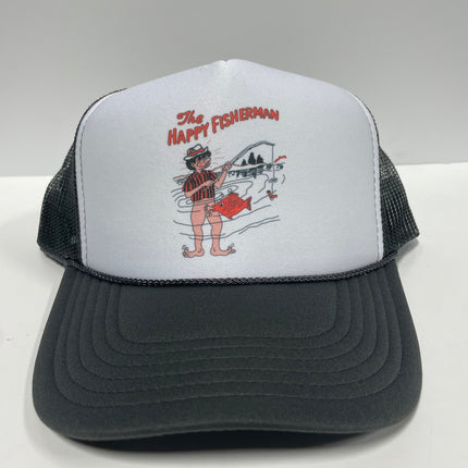 The Happy Fisherman on a Gray Mesh Trucker SnapBack Hat Cap Custom Printed