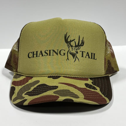 Chasing Tail Deer Hunting Green Camo Curve Bill Mesh Trucker SnapBack Cap Funny Hunting Hat Custom Printed