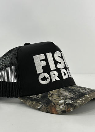 FISH OR DIE Black Mesh CAMO Trucker Cap Hat Custom Embroidered