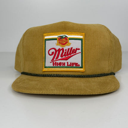 Custom Miller High Life patch on a Biscuit Gold Corduroy Green Rope SnapBack Patch Hat Cap Sewed