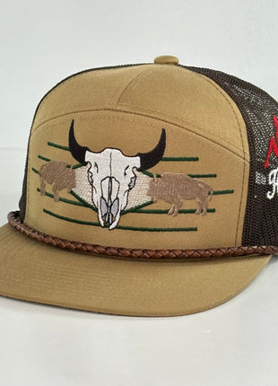 Buffalo & Cow Skull 7 Panel Leather Rope SNAPBACK Mesh Trucker Cap HAT Custom Embroidered