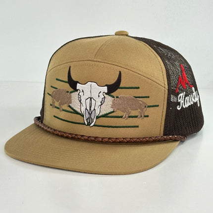Buffalo & Cow Skull 7 Panel Leather Rope SNAPBACK Mesh Trucker Cap HAT Custom Embroidered