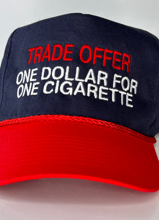 Trade offer one dollar for one cigarette on a blue crown red brim rope SnapBack hat cap collab Sean Barrett Custom Embroidery
