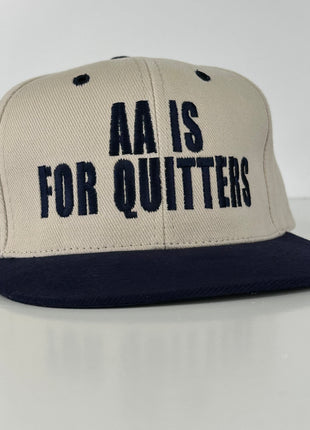 AA is for quitters in navy thread on khaki and navy Strapback hat custom embroidery