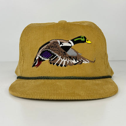Mallard Duck Corduroy ￼Rope￼ Mustard ￼SnapBack Cap Grandpa Hat Custom Embroidered