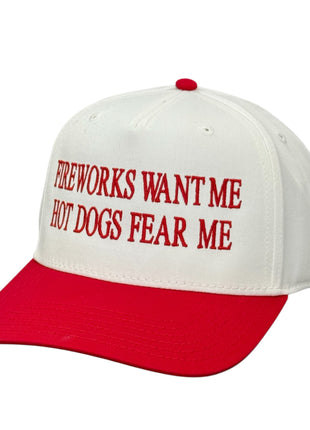 Fireworks Want Me Hot Dogs Fear Me Hat Custom Embroidered