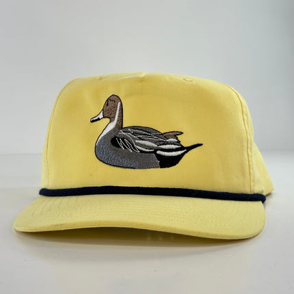 Sitting Pintail Duck on a yellow rope Snapback Hat Cap Collab Justin Stagner Custom Embroidery