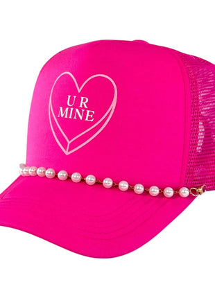 Ur mine you’re mine Valentine’s Day love printed SnapBack mesh trucker hat with pearl chain