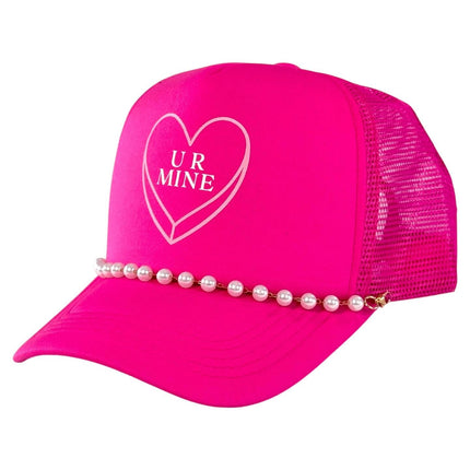 Ur mine you’re mine Valentine’s Day love printed SnapBack mesh trucker hat with pearl chain