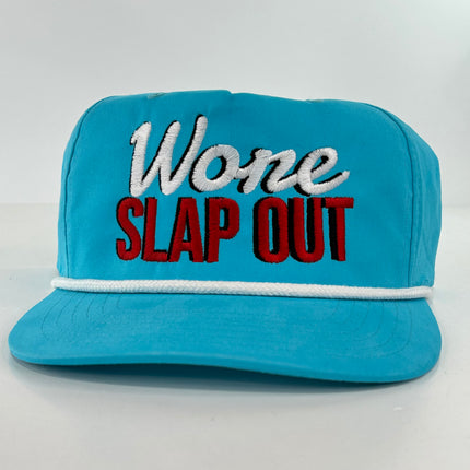 Wore Slap Out on a teal rope Snapback Hat Cap Collab Justin Stagner Custom Embroidery