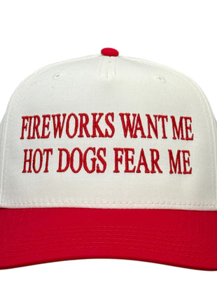 Fireworks Want Me Hot Dogs Fear Me Hat Custom Embroidered