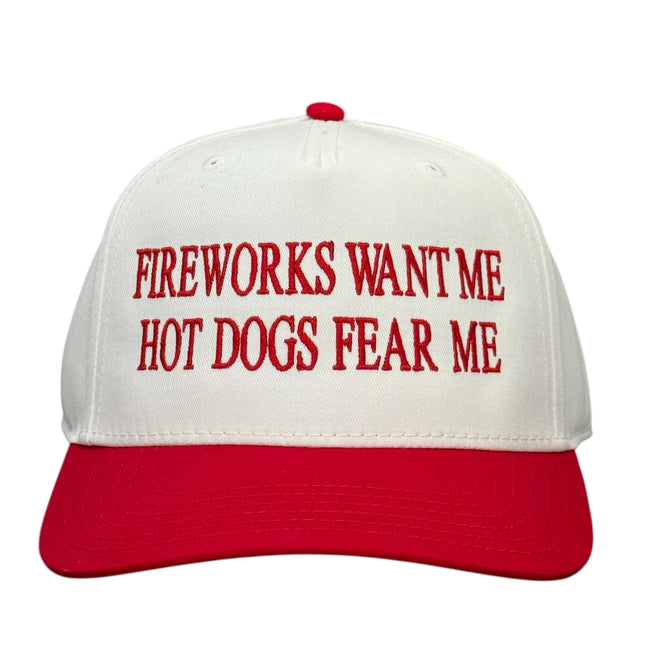 Fireworks Want Me Hot Dogs Fear Me Hat Custom Embroidered