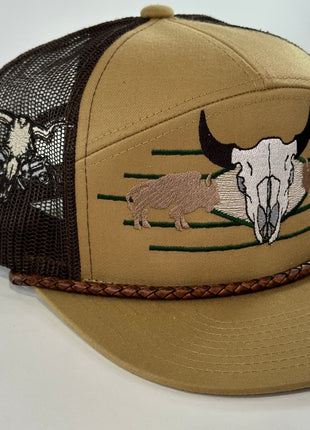 Buffalo & Cow Skull 7 Panel Leather Rope SNAPBACK Mesh Trucker Cap HAT Custom Embroidered