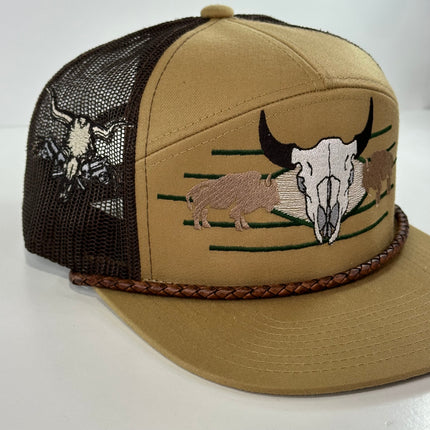 Buffalo & Cow Skull 7 Panel Leather Rope SNAPBACK Mesh Trucker Cap HAT Custom Embroidered