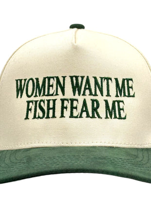 Women Want Me Fish Fear Me Green Embroidered Snapback hat