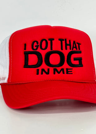 I GOT THAT DOG IN ME Red White Mesh￼ Trucker SnapBack Cap Hat Custom Embroidered ￼