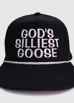 Gods Silliest Goose on a black SnapBack with white rope Hat Cap custom embroidery