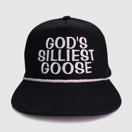 Gods Silliest Goose on a black SnapBack with white rope Hat Cap custom embroidery