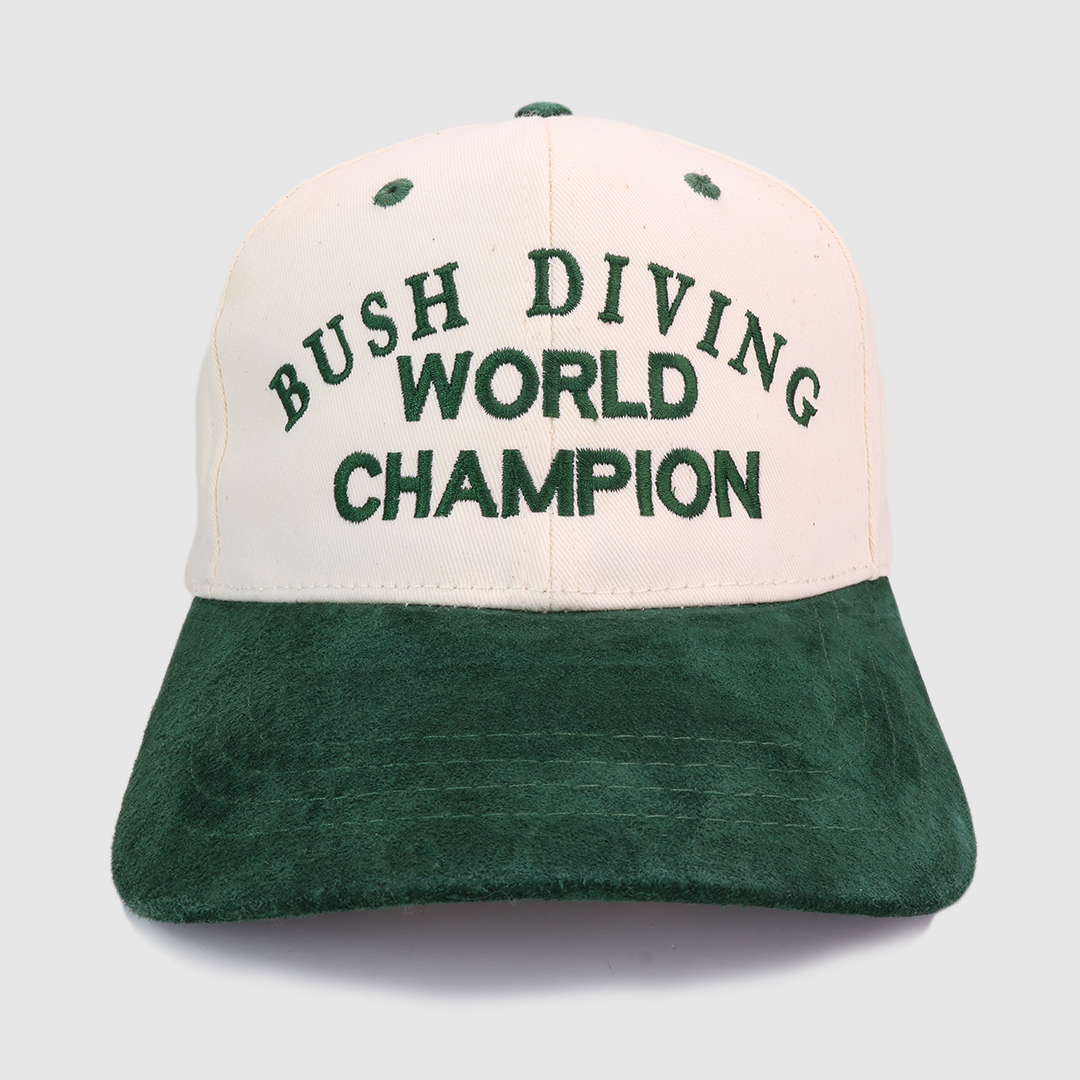 Bush Diving World Champion Green Suede Brim Snapback Cap Hat Custom Embroidered