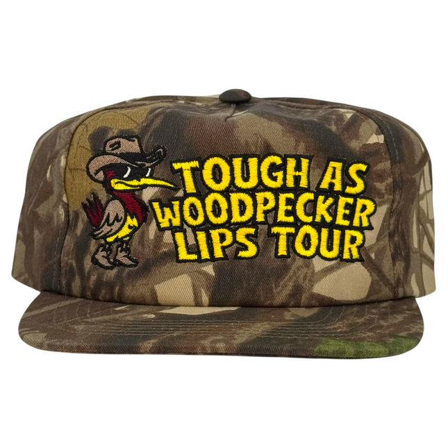 Tough as a woodpecker lips tour camo SnapBack hat Justin Stagner tour merch