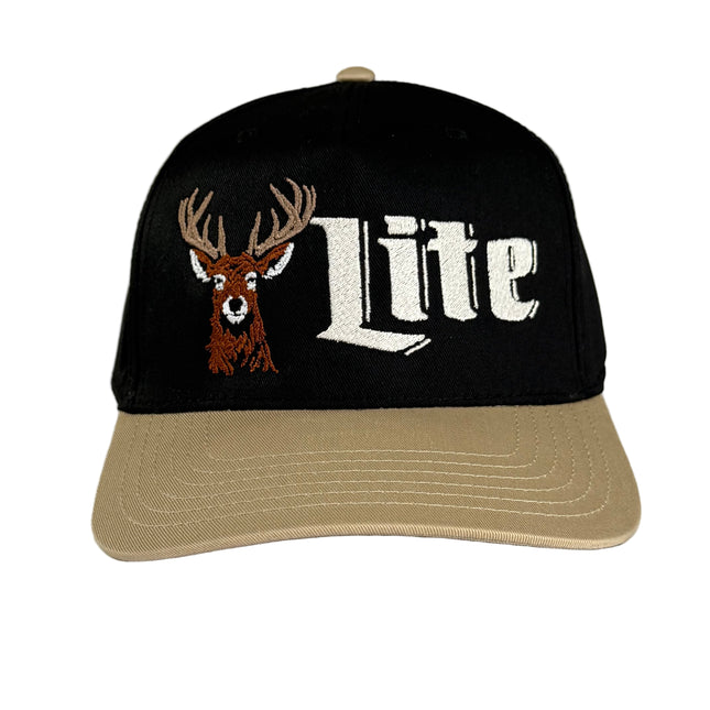 Black Friday Deer Lite on a tan and black SnapBack Hat