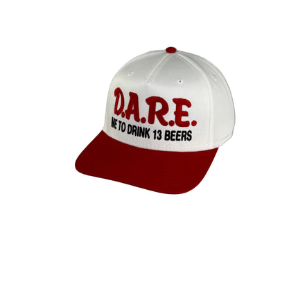 Dare me to on a red and white SnapBack Hat