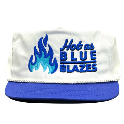 Hot as Blue Blazes on a white crown Blue Brim Rope Snapback Hat Cap Collab Justin Stagner Custom Embroidery