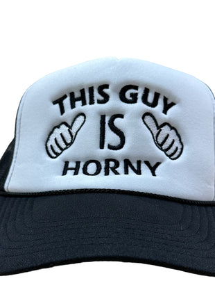 THIS GUY IS HORNY Mesh Black Trucker SnapBack Cap Hat Custom Embroidered ￼