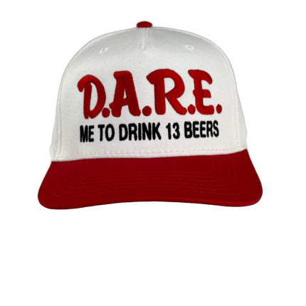 Dare me to on a red and white SnapBack Hat