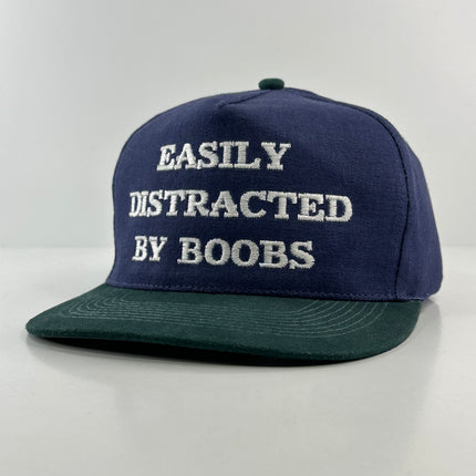 EASILY DISTRACTED BY BOOBS Vintage Navy Blue Crown Strapback Funny Inappropriate Cap Hat Custom Embroidered
