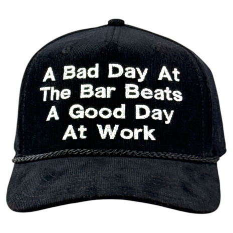 A bad day at the bar on a black corduroy SnapBack hat cap